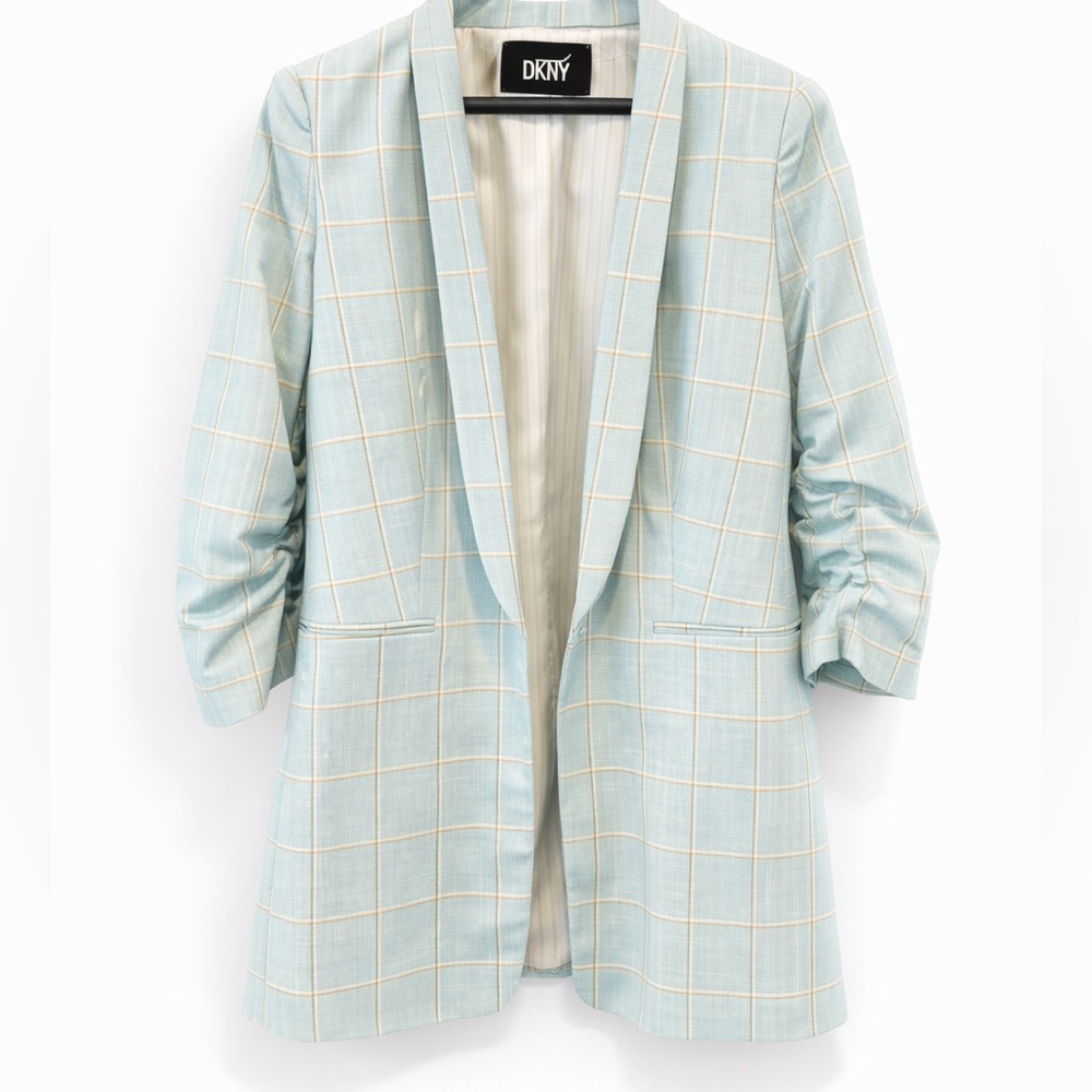 DKNY Blue Plaid Blazer Ruched Sleeve Open Front Jacket Size 10